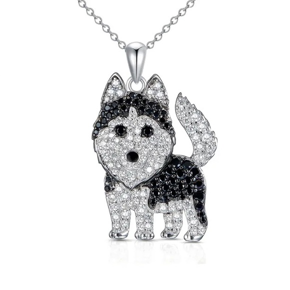 Sterling Silver Dog Series Jewelry Gem Studded Husky Pendant Necklace - Picture 1 of 3